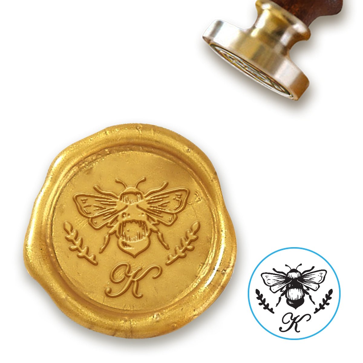 Vintage Bee Initial Custom Wax Seal Stamp with Burgundy Handle-Multiple Font Choices #8030 - Nostalgic Impressions