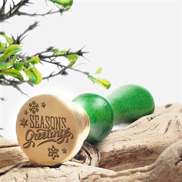 Seasons Greetings Script Wax Seal Stamp with Green Wood Handle #D937CD - Nostalgic Impressions
