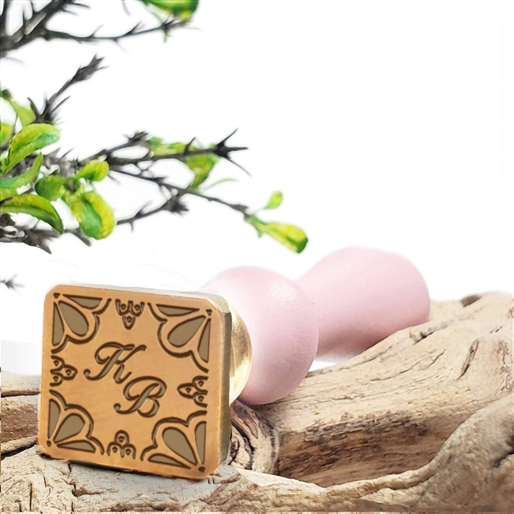 Corner Petals Monogram Custom Wax Seal Stamp with Blush Pink Wood Handle-1 1/8" Square Die- Nostalgic Impressions