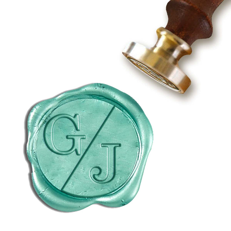 Split Initial Custom Wax Seal Stamp with 2-D Engraving and Turquoise Wood Handle #8029 - Nostalgic Impressions