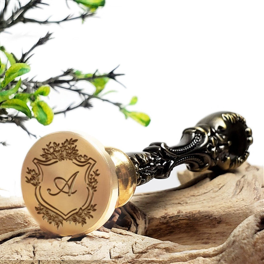 Floral Shield Initial Custom Wax Seal Stamp with Vintage Handle-Multiple Font Choices  #2593 - Nostalgic Impressions