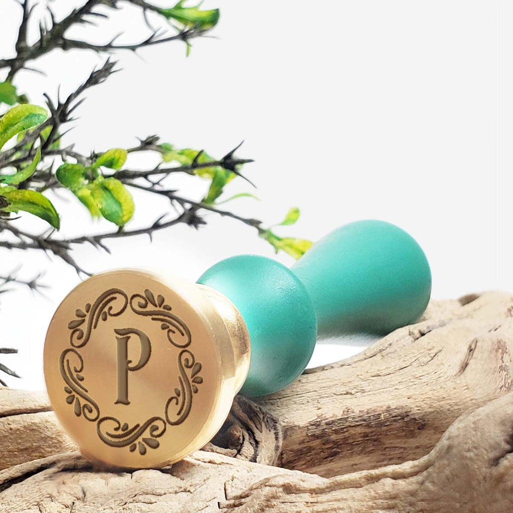 Maia Initial Custom Wax Seal Stamp with Turquoise Wood Handle-Multiple Font Choices with Preview #9003 - Nostalgic Impressions