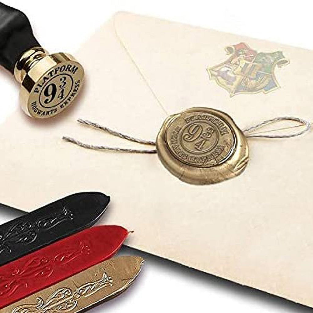 Harry Potter Platform 9 3/4 Seal Stamp Kit with Brown Wood Handle and Red Gold and Black Sealing Wax - Nostalgic Impressions