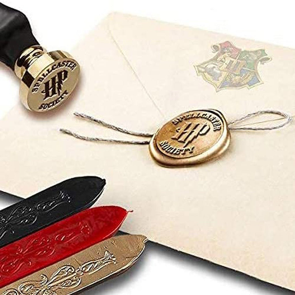 Harry Potter Spellcaster Seal Stamp Kit with Brown Wood Handle and Red Gold and Black Sealing Wax - Nostalgic Impressions