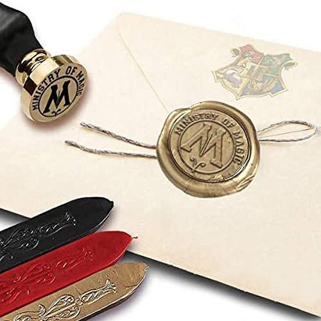 Harry Potter Ministry of Magic Seal Stamp Kit with Brown Wood Handle and Red Gold and Black Sealing Wax - Nostalgic Impressions