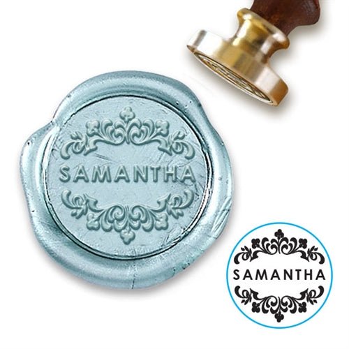 Scroll with Name Custom Wax Seal Stamp with Burgundy Wood Handle-Multiple Font Choices #351 - Nostalgic Impressions