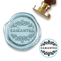 Scroll with Name Custom Wax Seal Stamp with Burgundy Wood Handle-Multiple Font Choices #351 - Nostalgic Impressions