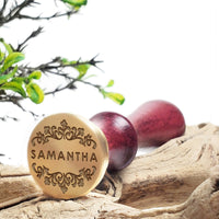 Scroll with Name Custom Wax Seal Stamp with Burgundy Wood Handle-Multiple Font Choices #351 - Nostalgic Impressions