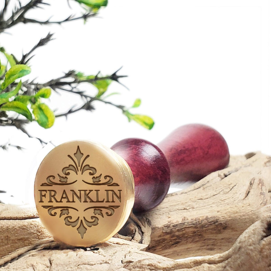 Fleur with Name Custom Wax Seal Stamp with Burgundy Wood Handle-Multiple Font Choices #3655 - Nostalgic Impressions