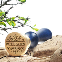 Scroll with Name Custom Wax Seal Stamp with Blue Wood Handle-Multiple Font Choices with Preview #8035 - Nostalgic Impressions