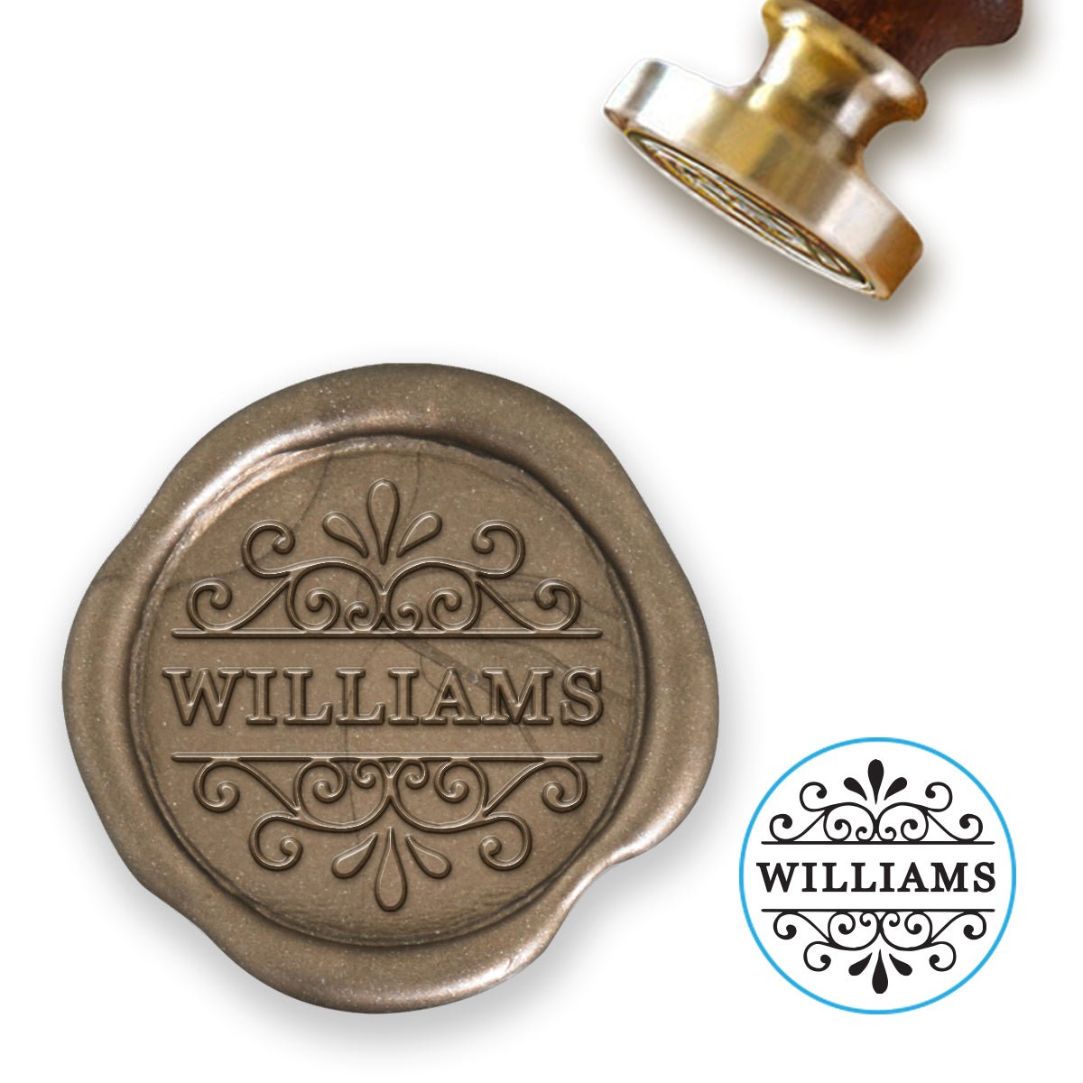 Scroll with Name Custom Wax Seal Stamp with Blue Wood Handle-Multiple Font Choices with Preview #8035 - Nostalgic Impressions