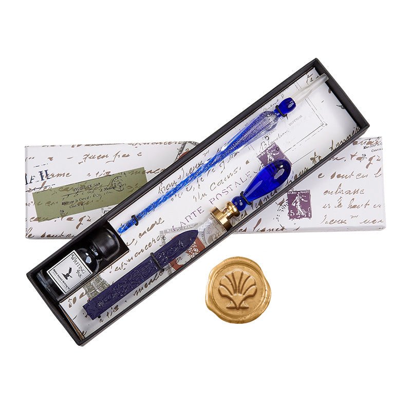 Blue Glass Wax Seal & Calligraphy Pen & Ink Set - Shell