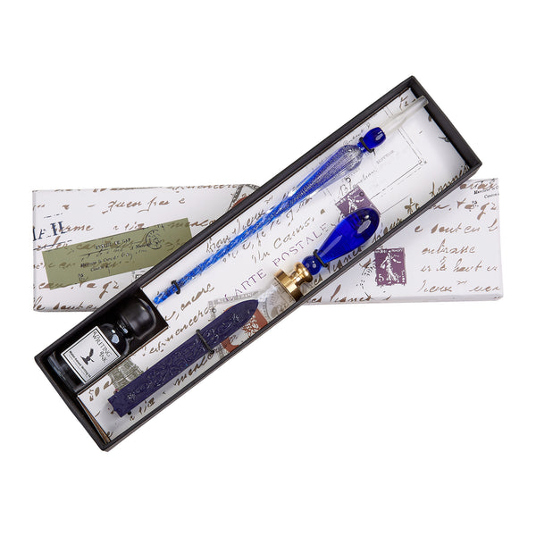 Blue Glass Wax Seal & Calligraphy Pen & Ink Set - Nostalgic Impressions