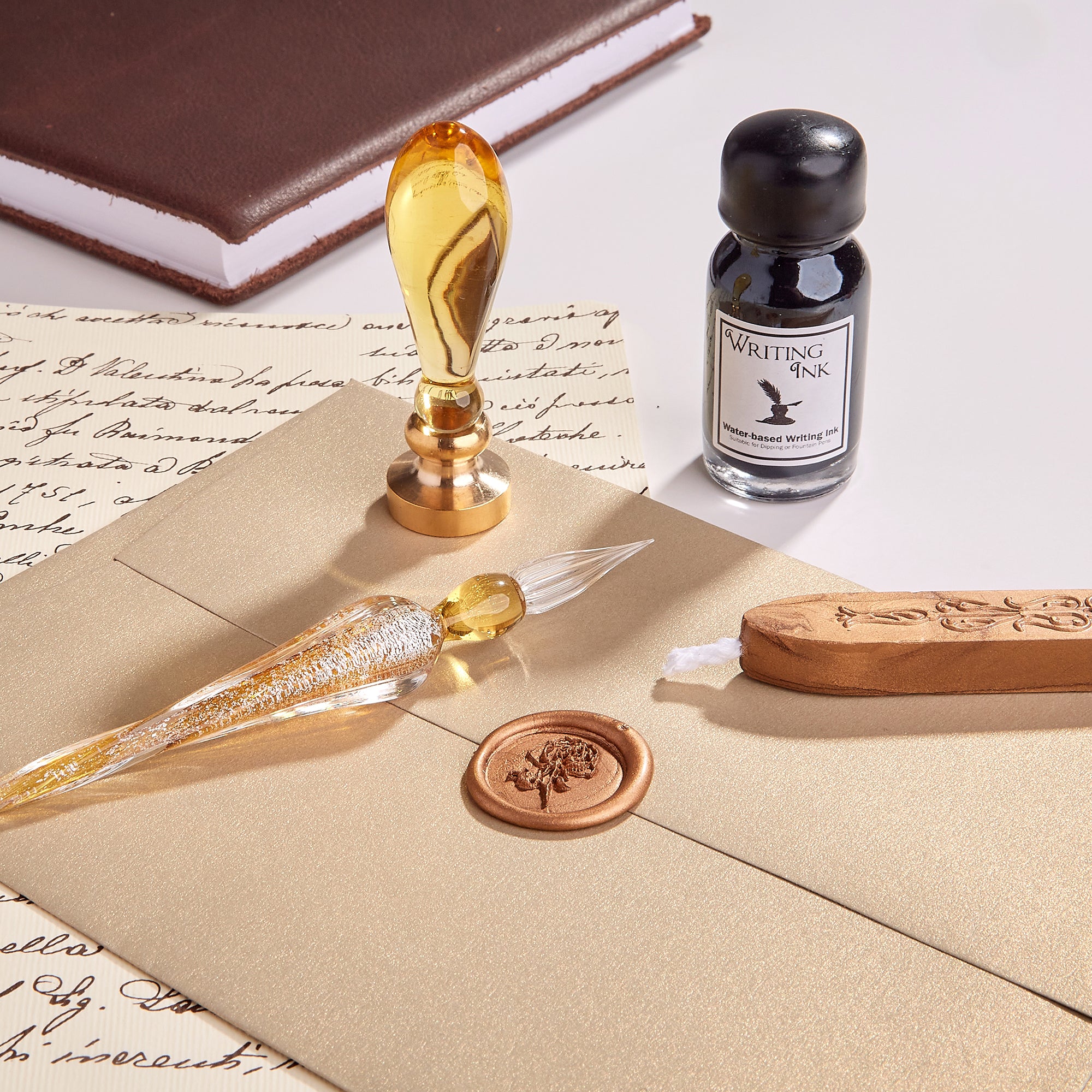 Luxe Calligraphy ink set, with wax set in light golden box - Museum-webshop