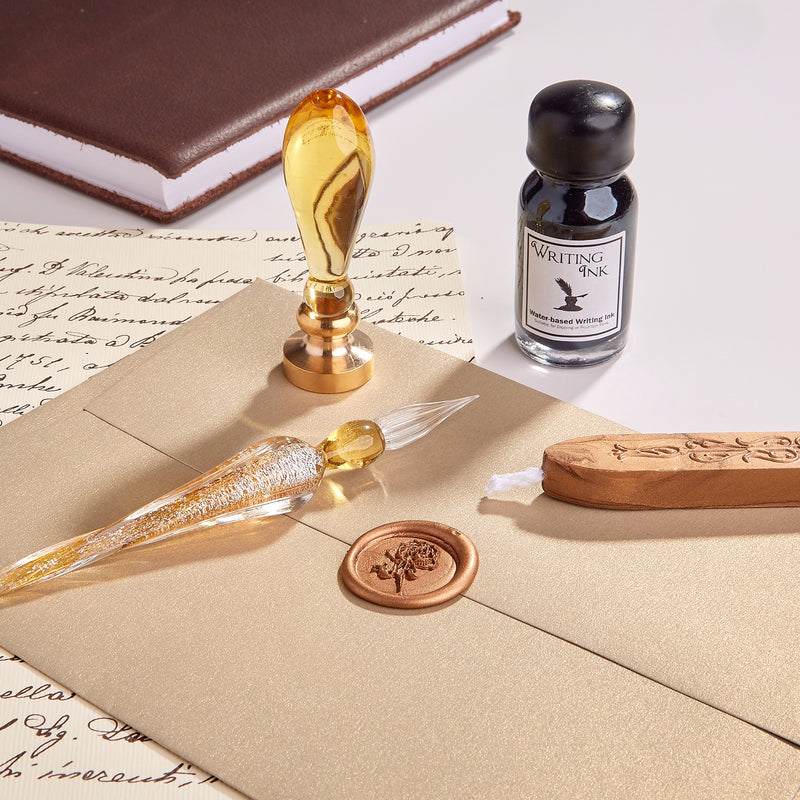 Gold Glass Wax Seal & Calligraphy Pen & Ink Set - Nostalgic Impressions
