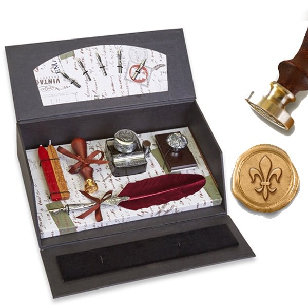 Quill Pen Writing Set Desk Box with Wax Seal Stamp, Sealing Wax, Inkwell with Holder, Blotter, Nibs and Burgundy Feather Quill - Nostalgic Impressions