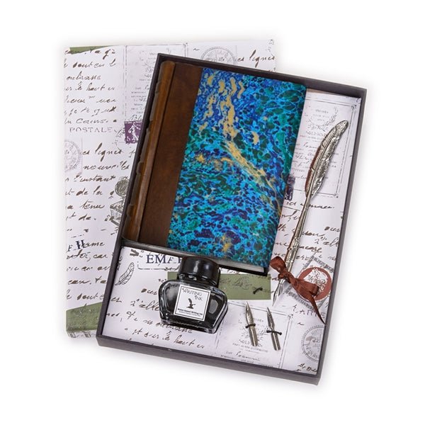 Italian Leather Wrap Journal with Ink, Nibs and Feather Shaped Metal Pen - 2 Colors - Nostalgic Impressions
