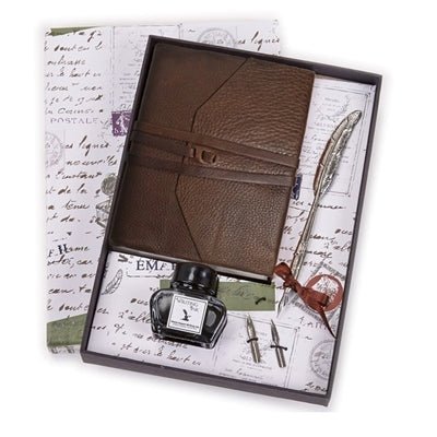 Italian Leather Wrap Journal with Ink, Nibs and Feather Shaped Metal Pen - 2 Colors - Nostalgic Impressions