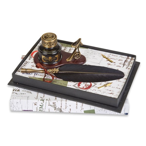 Feather Quill Pen & Wood Stand Desk Set with Ink - Nostalgic Impressions