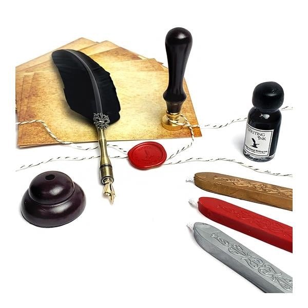 Parchment Stationery Wax Seal Set with Burgundy Quill Pen, Ink, Pen Stand & Sealing Wax - Nostalgic Impressions