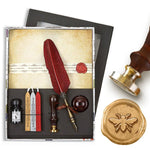 Parchment Stationery Wax Seal Set with Burgundy Quill Pen, Ink, Pen Stand & Sealing Wax - Nostalgic Impressions