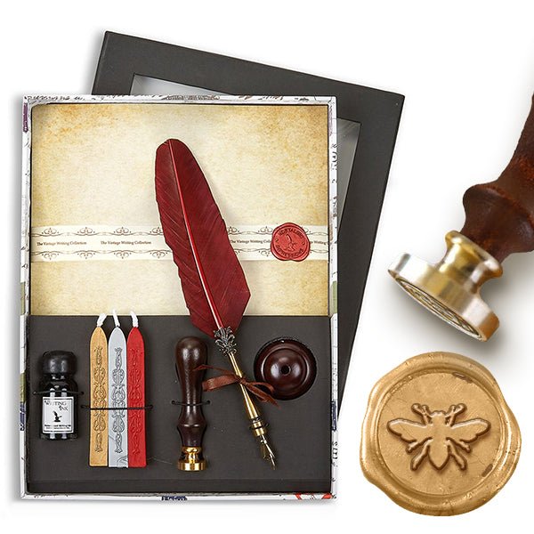 Parchment Stationery Wax Seal Set with Burgundy Quill Pen, Ink, Pen Stand & Sealing Wax - Nostalgic Impressions