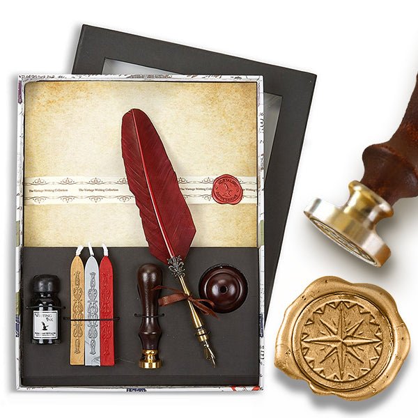 Parchment Stationery Wax Seal Set with Burgundy Quill Pen, Ink, Pen Stand & Sealing Wax - Nostalgic Impressions