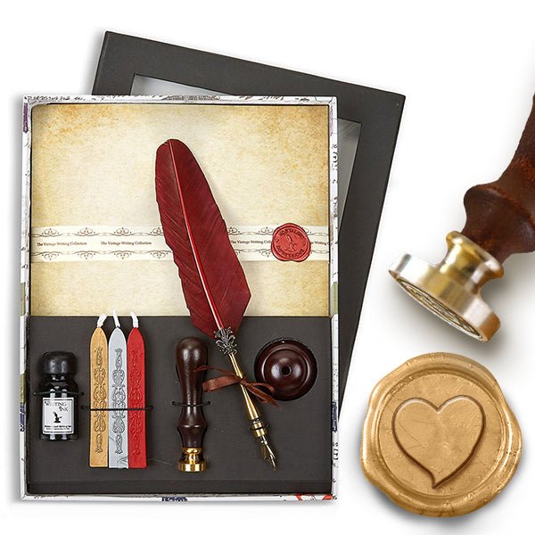 Parchment Stationery Wax Seal Set with Burgundy Quill Pen, Ink, Pen Stand & Sealing Wax - Nostalgic Impressions