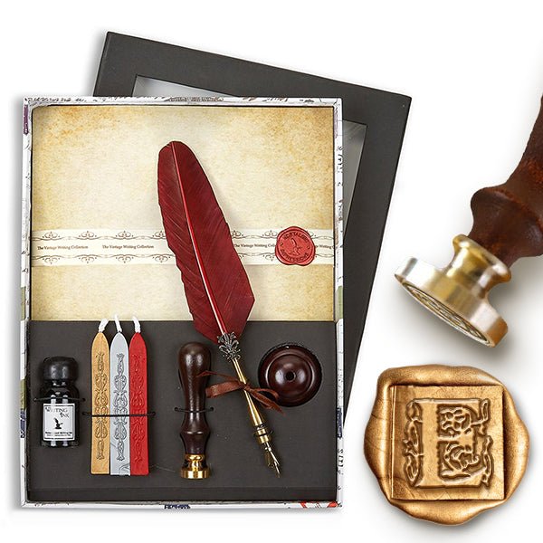 Quill Pen Writing Set Desk Box with Wax Seal Stamp, Sealing Wax, Inkwell with Holder, Blotter, Nibs and Burgundy Feather Quill