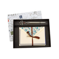 Florentine Note Card Gift Set with Fleur de Lis Antiqued Letter Opener- Blue Classica - Nostalgic Impressions
