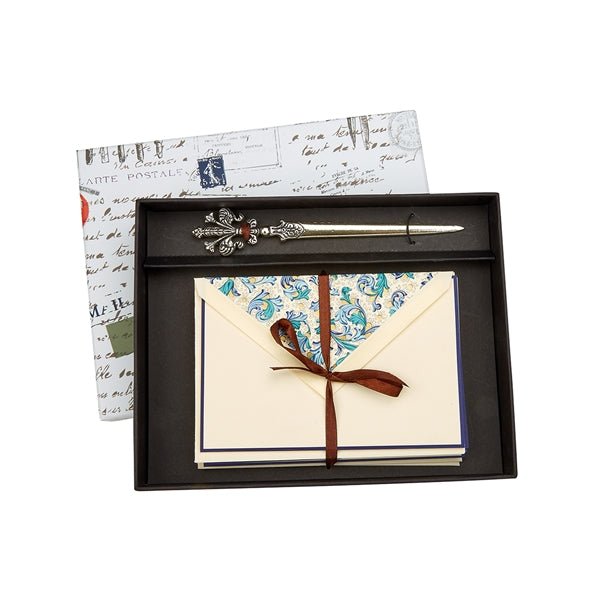 Florentine Note Card Gift Set with Fleur de Lis Antiqued Letter Opener- Blue Classica - Nostalgic Impressions