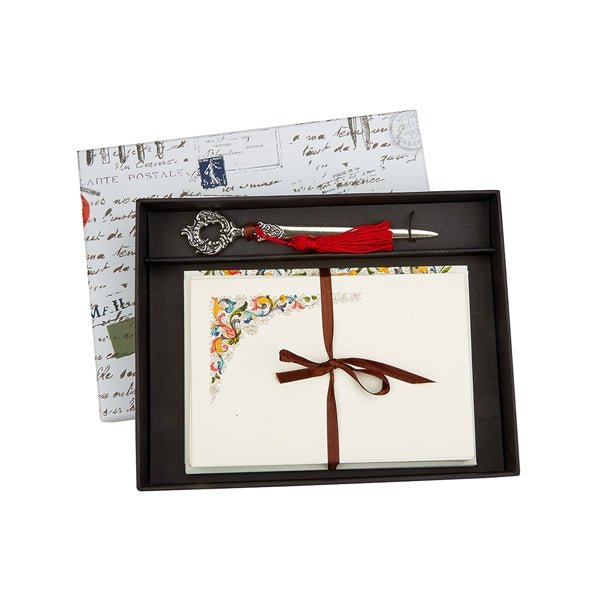 Florentine Note Card Gift Set with Victorian Antiqued Letter Opener- Classica - Nostalgic Impressions