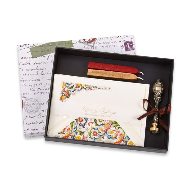 Florentine Note Card Writing Set with Envelopes, Fleur De Lis Wax Stamp with Vintage Handle and Red and Gold Sealing Wax - Classica - Nostalgic Impressions