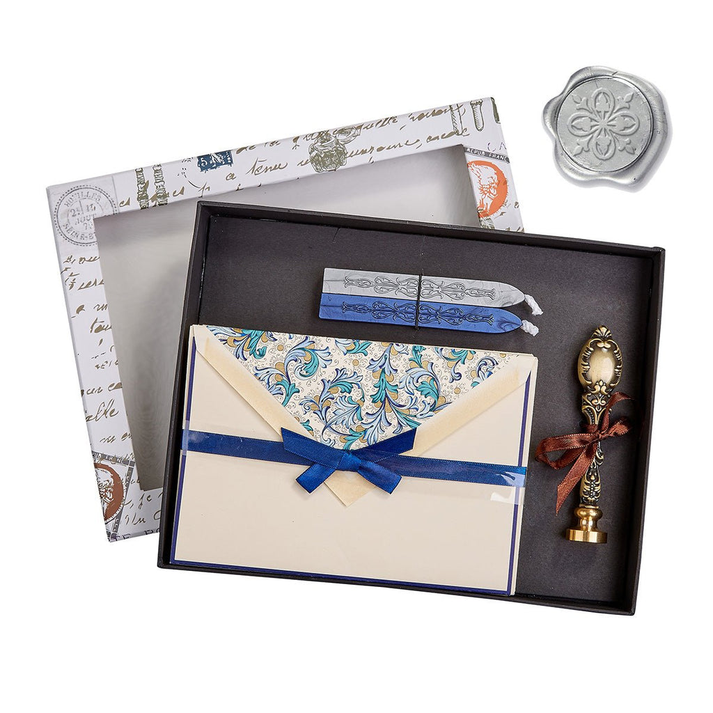 Florentine Note Card Writing Set, Mehndi Flower Wax Stamp & Vintage Handle - Blue Classica - Nostalgic Impressions