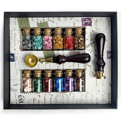 Bead Sealing Wax Starter Kit with Wax Seal Stamp, 12 colors Sealing Wax and Melting Spoon - Nostalgic Impressions