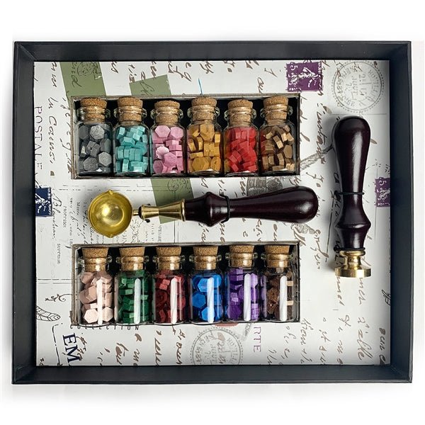 Bead Sealing Wax Starter Kit with Wax Seal Stamp, 12 colors Sealing Wax and Melting Spoon - Nostalgic Impressions
