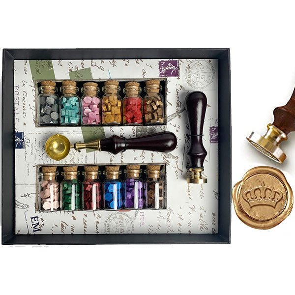 Regal Crown Bead Sealing Wax Starter Kit with Wax Seal Stamp, 12 colors Sealing Wax and Melting Spoon - Nostalgic Impressions