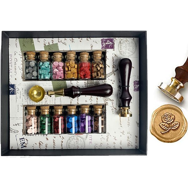 Rose Bead Sealing Wax Starter Kit with Wax Seal Stamp, 12 colors Sealing Wax and Melting Spoon - Nostalgic Impressions
