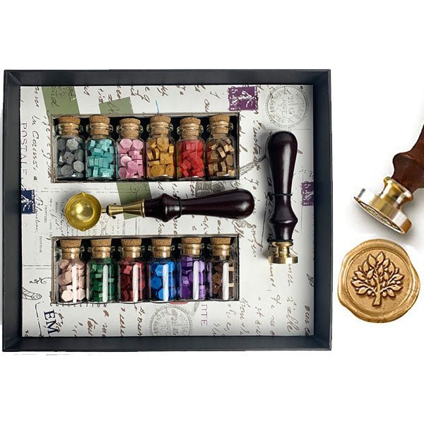 Tree of Life Bead Sealing Wax Starter Kit with Wax Seal Stamp, 12 colors Sealing Wax and Melting Spoon - Nostalgic Impressions