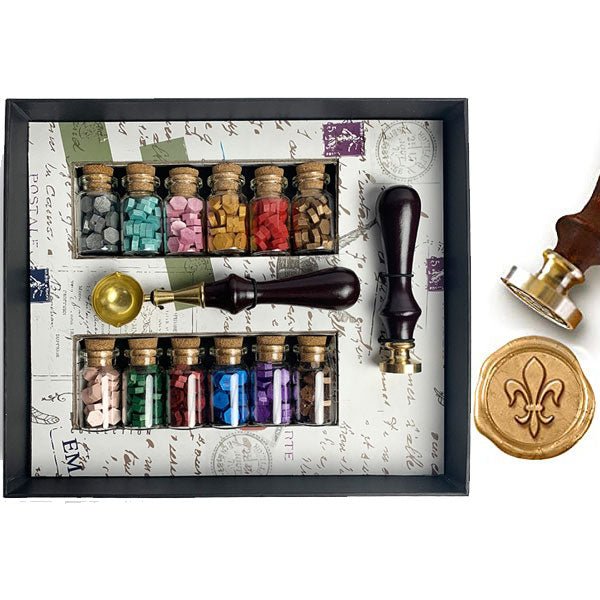 Fleur de Lis Bead Sealing Wax Starter Kit with Wax Seal Stamp, 12 colors Sealing Wax and Melting Spoon - Nostalgic Impressions