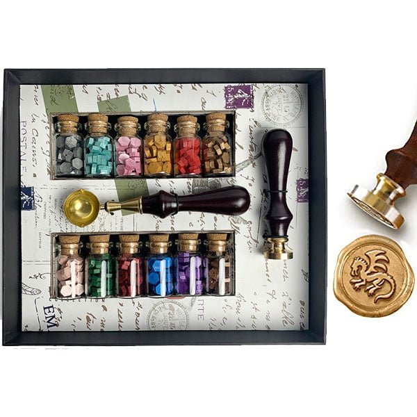 Bead Sealing Wax Starter Kit with Wax Seal Stamp, 12 colors Sealing Wax and Melting Spoon - Nostalgic Impressions