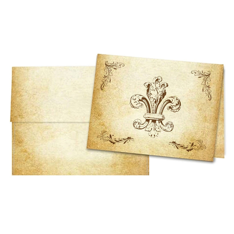 Fleur de Lis Aged Parchment Printed Note Card Set with 8 Envelopes - Nostalgic Impressions