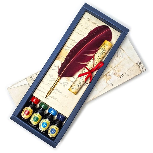 Feather Quill Pen & Ink Calligraphy Set with 4 inks and Scroll- Made In Italy - Nostalgic Impressions