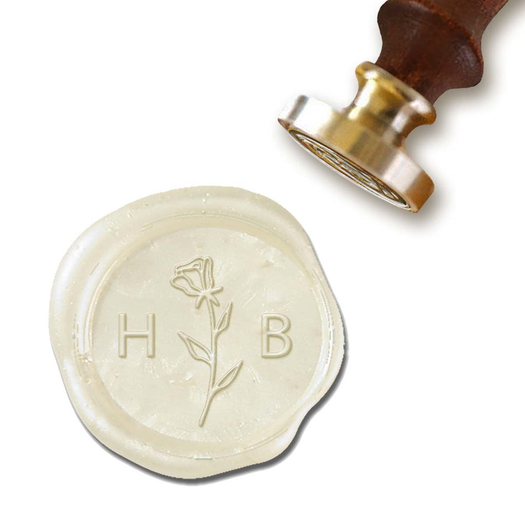 Rose Stem Custom Wax Seal Stamp with Blush Pink Wood Handle-Multiple Font Choices with Preview #3388B - Nostalgic Impressions