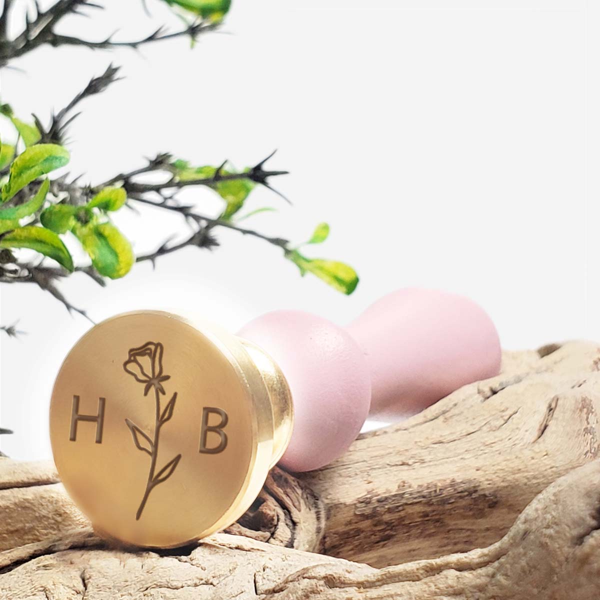 Rose Stem Custom Wax Seal Stamp with Blush Pink Wood Handle-Multiple Font  Choices with Preview #3388B