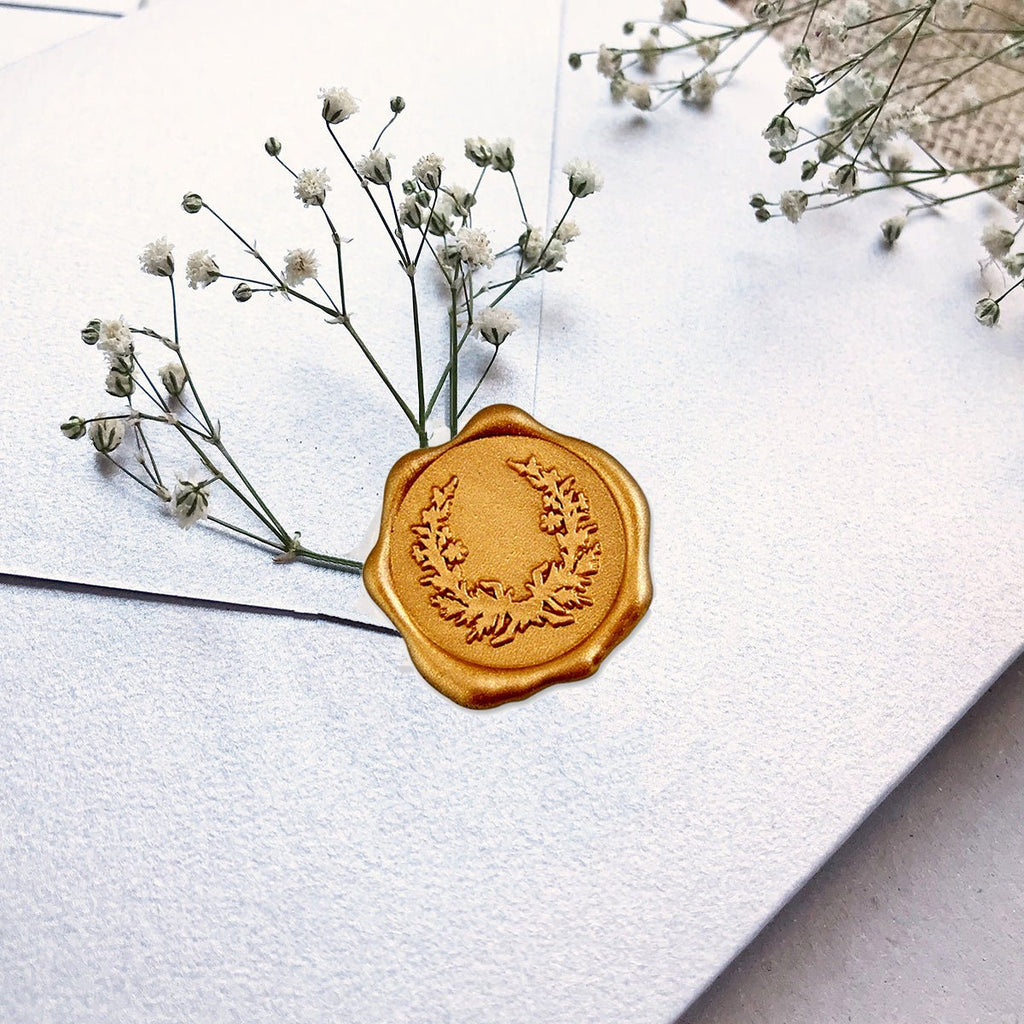 Gold Wreath Wedding Botanical Adhesive Wax Seal Quick-Ship Stickers 25PK - Nostalgic Impressions