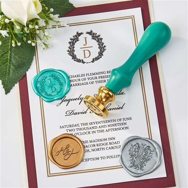 Create your Own Wedding Wax Seal Stamp from your Logo or Art with Turquoise Wood Handle - Nostalgic Impressions